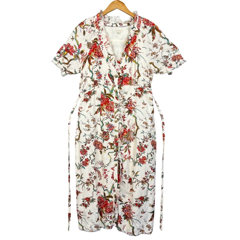 Pilcro Anthropologie Ruffle Collar Buttondown Dress Womens 8 Floral Bird Print